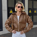 Women's Cropped Faux Leather Jacket with Contrasting Details and Elastic Hem