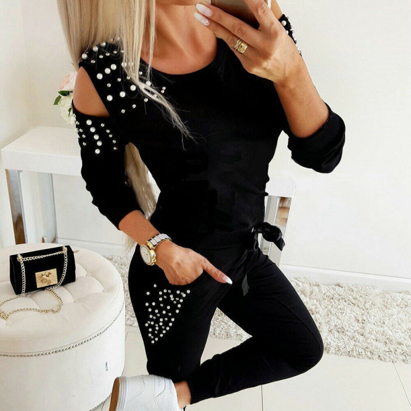Women's Cold-Shoulder Pearl-Embellished Tracksuit Set