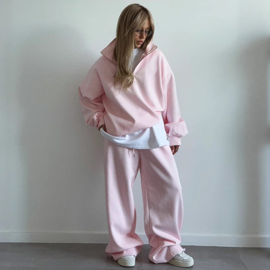 Women's Cozy Fleece Loungewear Set with Stand-Up Collar