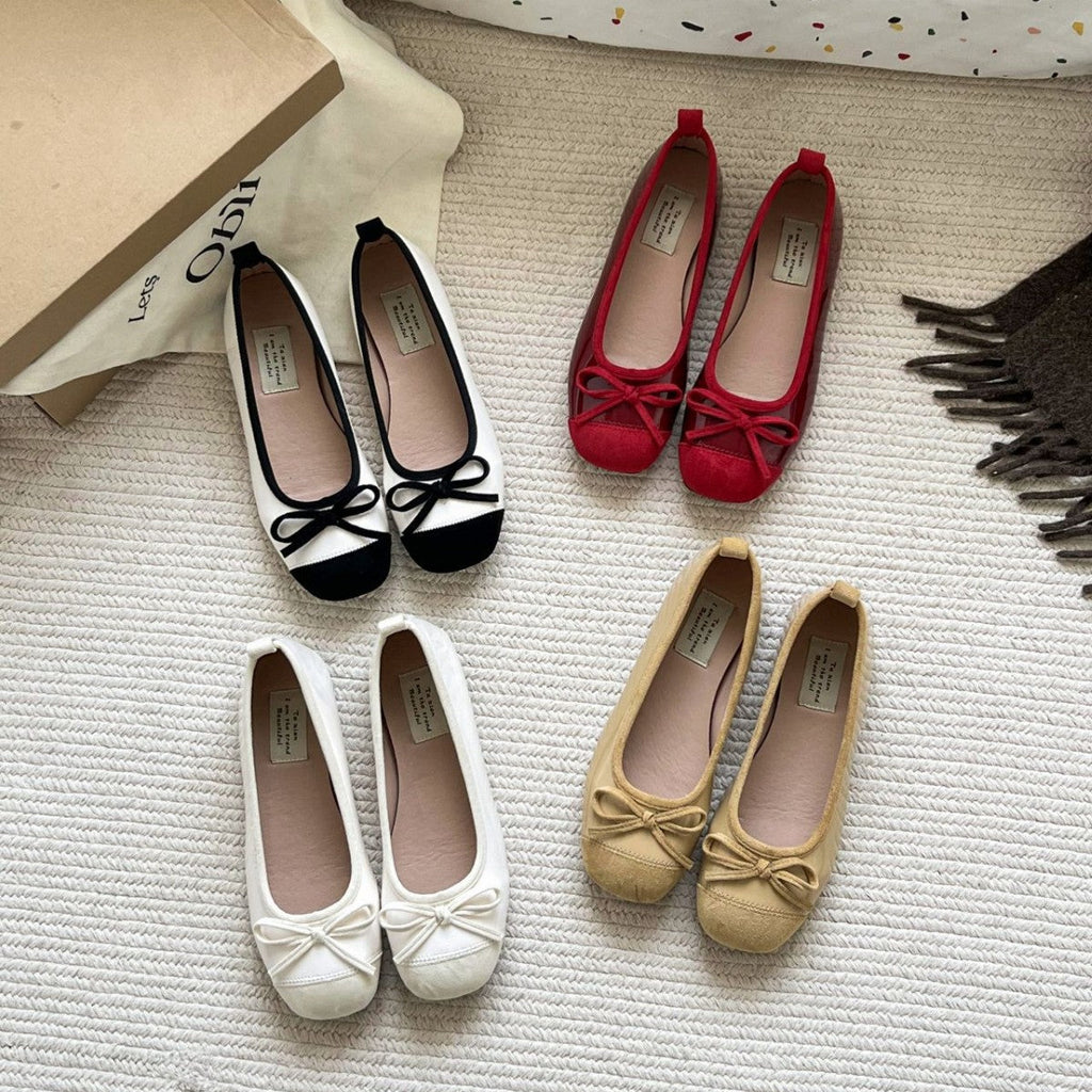 Women's Ballet Flats with Elegant Bow and High-Quality Glossy Finish