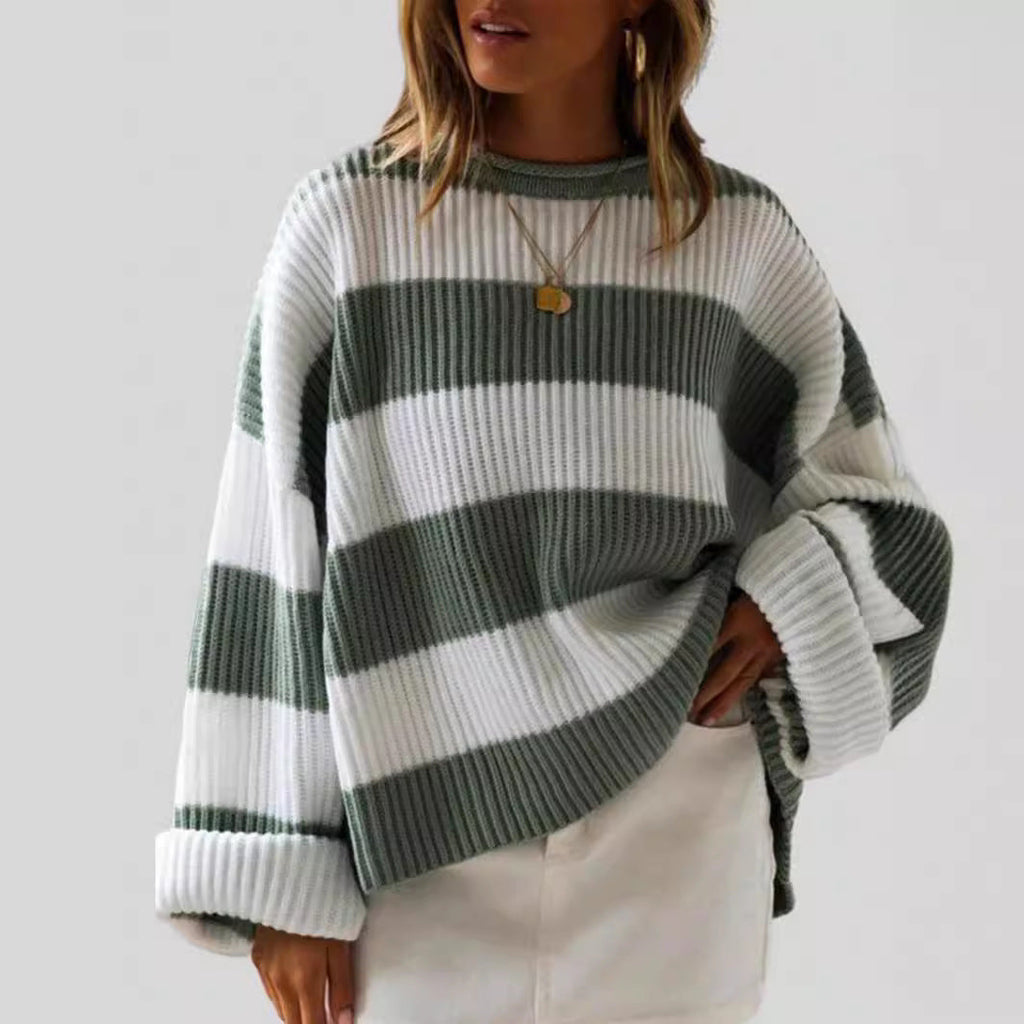 Women's Striped Knit Sweater with Wide Fit