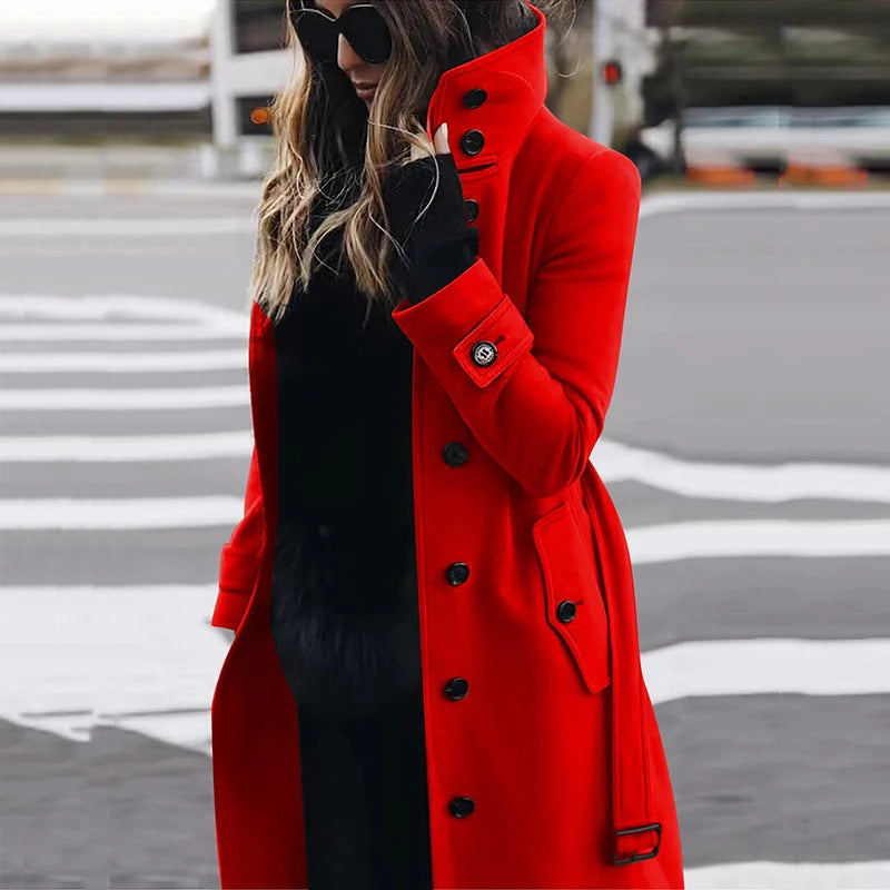 Women's Elegant High-Collar Coat with Practical Pockets