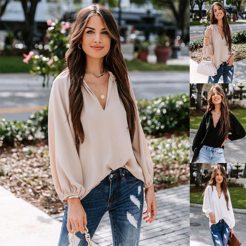 Women's Blouse with V-Neck and Puff Sleeves