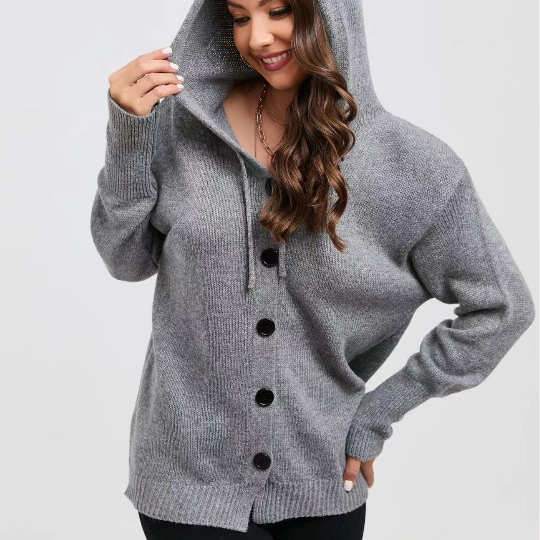 Women's Fashionable Knit Coat with Hood and Decorative Button Details