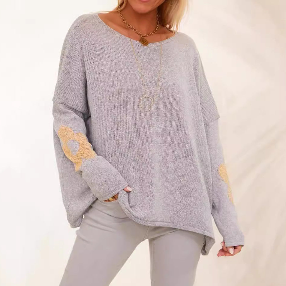 Women's Chunky Knit Sweater with Floral Design and Wide Fit