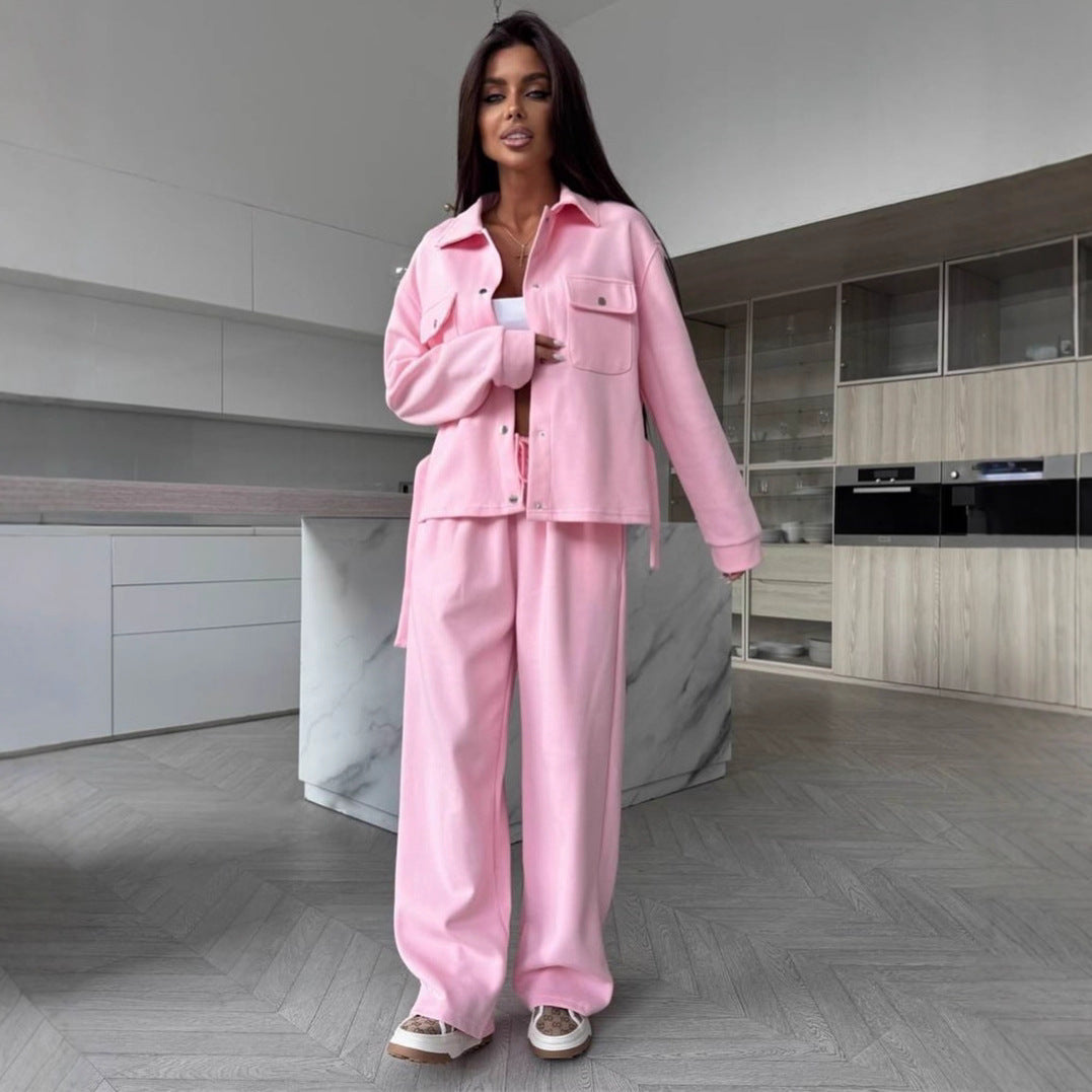 Women's Elegant Loungewear Set with Waist Belt and Practical Pockets