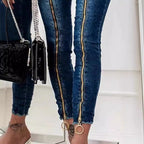 Women's High-Waist Jeans with Side Zipper and Ring Details