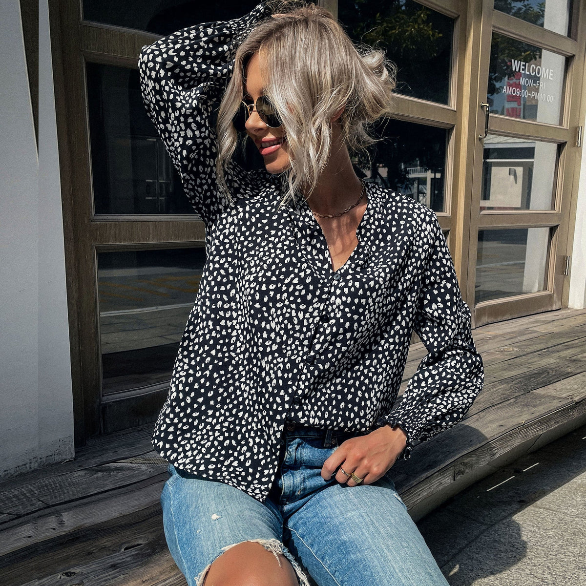 Women's Polka Dot Blouse with Elastic Sleeves