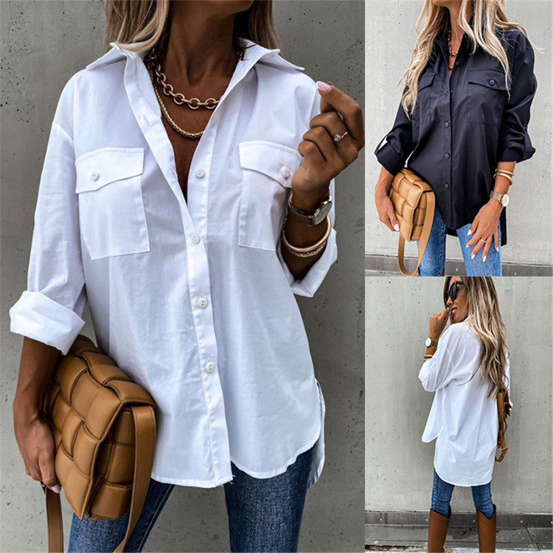Women's Fashionable Shirt Blouse with Chest Pockets and Casual Cut