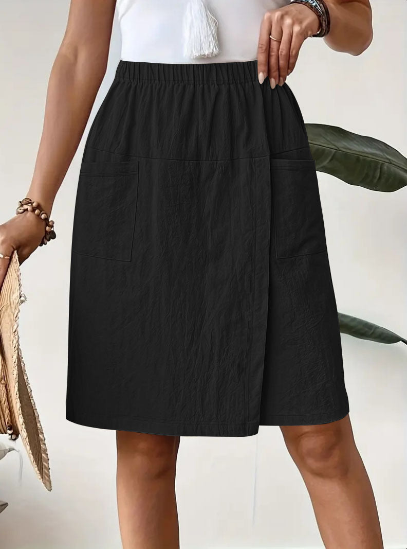 Women's Knee-Length Wrap Skirt with Elastic Waist and Pockets