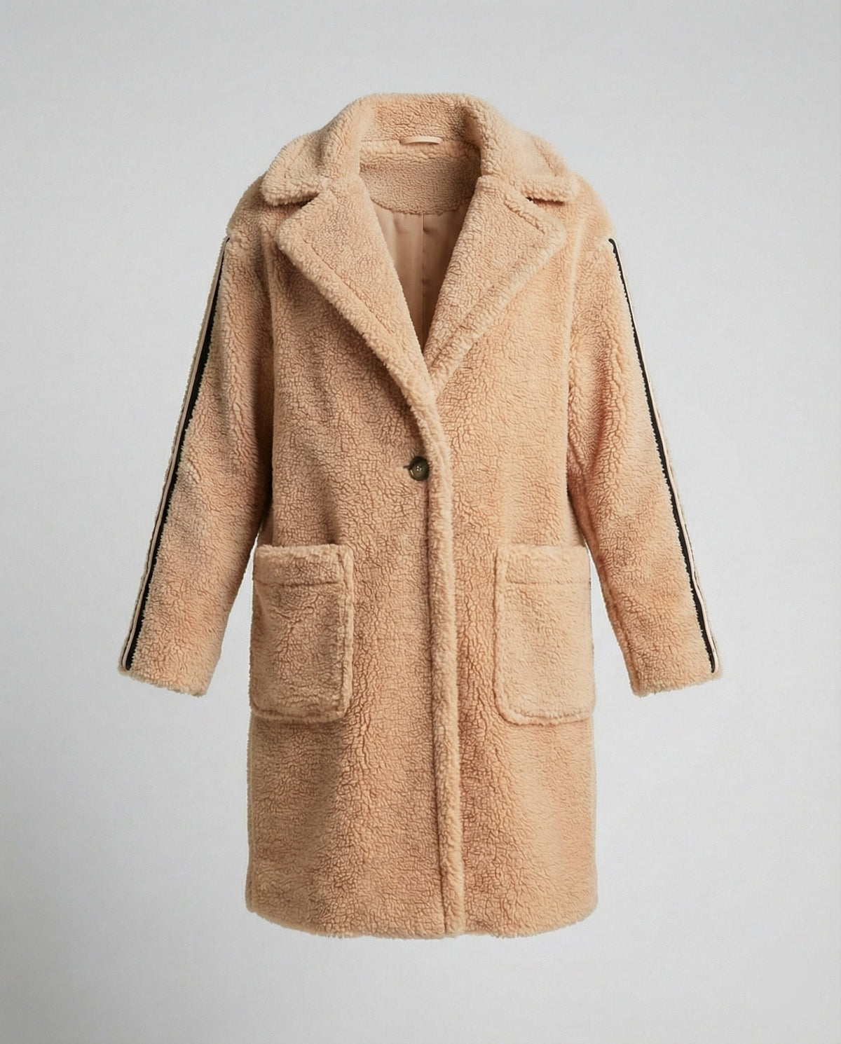 Women's Elegant Teddy Coat with Two Pockets and Sporty Stripes