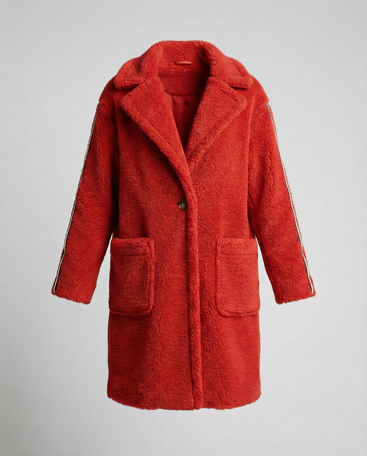 Women's Elegant Teddy Coat with Two Pockets and Sporty Stripes