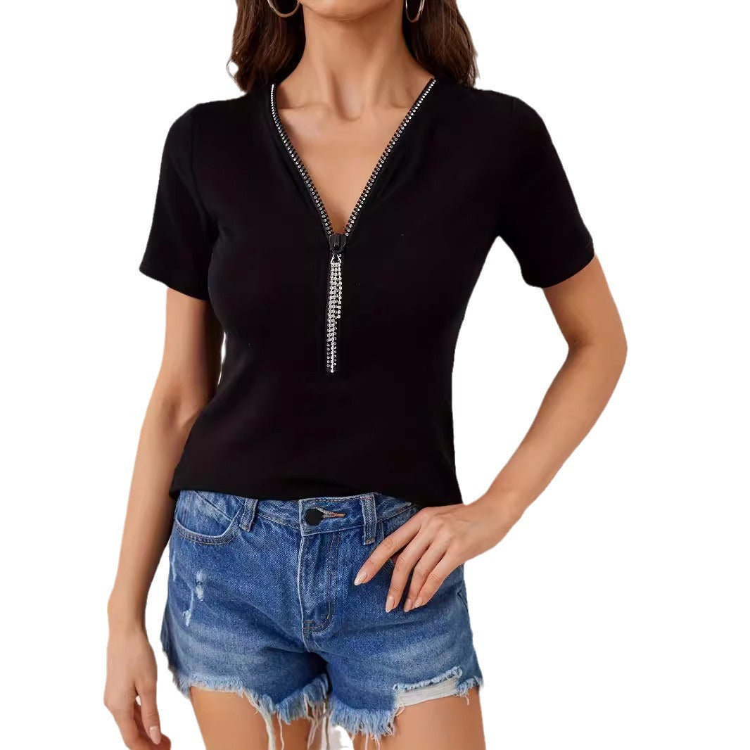 Women's Short-Sleeve Shirt with Decorative Zipper