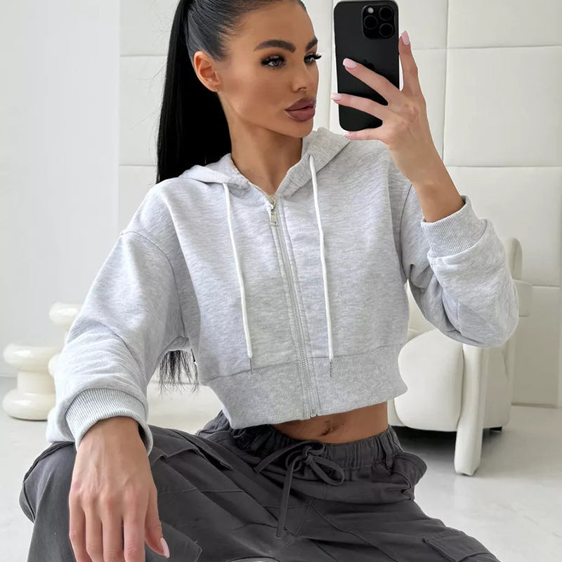 Women's Cropped Hoodie with Zipper and Casual Fit