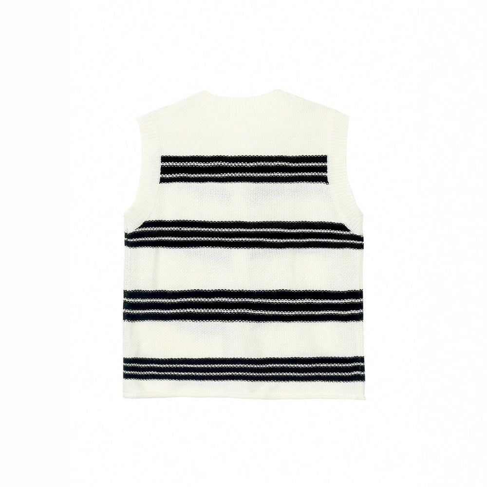 Women's Sleeveless Cardigan with Button Placket and Stripes