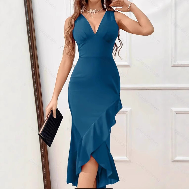 Women's Charming Maxi Dress with Asymmetrical Hem and V-Neck