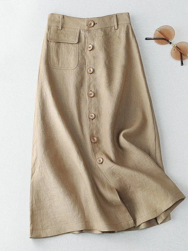 Women's Long Linen Skirt with Button Details and Pockets