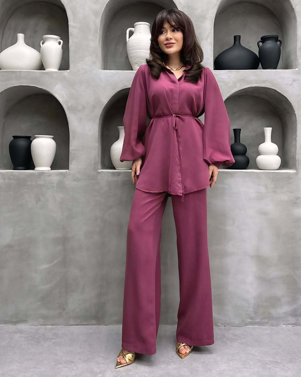 Women's Elegant Set with Long Blouse and Wide Pants