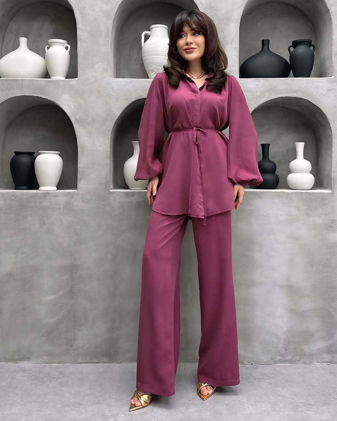 Women's Elegant Set with Long Blouse and Wide Pants