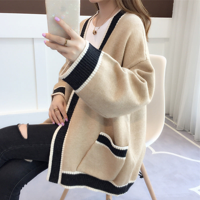 Women's Casual Knit Cardigan with Contrast Trim and Pockets
