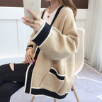 Women's Casual Knit Cardigan with Contrast Trim and Pockets