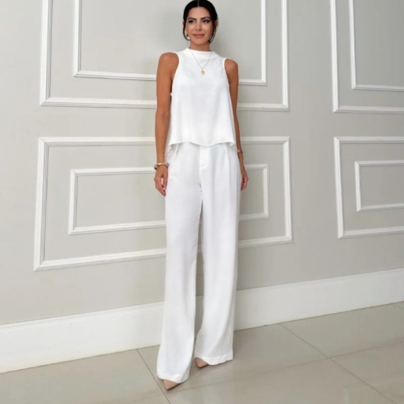Women's Elegant Set with Casual Top and High-Waisted Pants