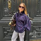 Women's Striped Long-Sleeve Blouse with Ruffled Collar