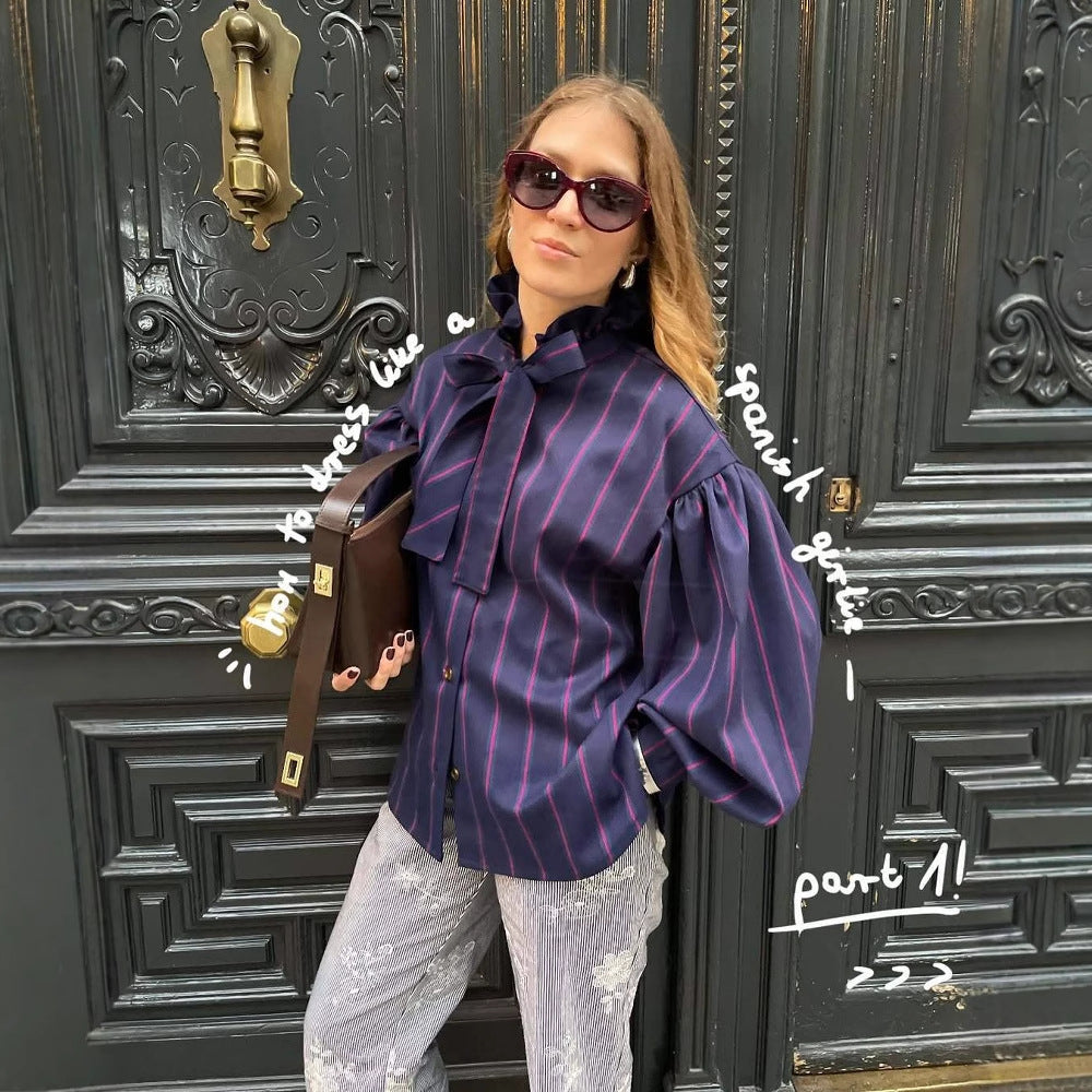 Women's Striped Long-Sleeve Blouse with Ruffled Collar