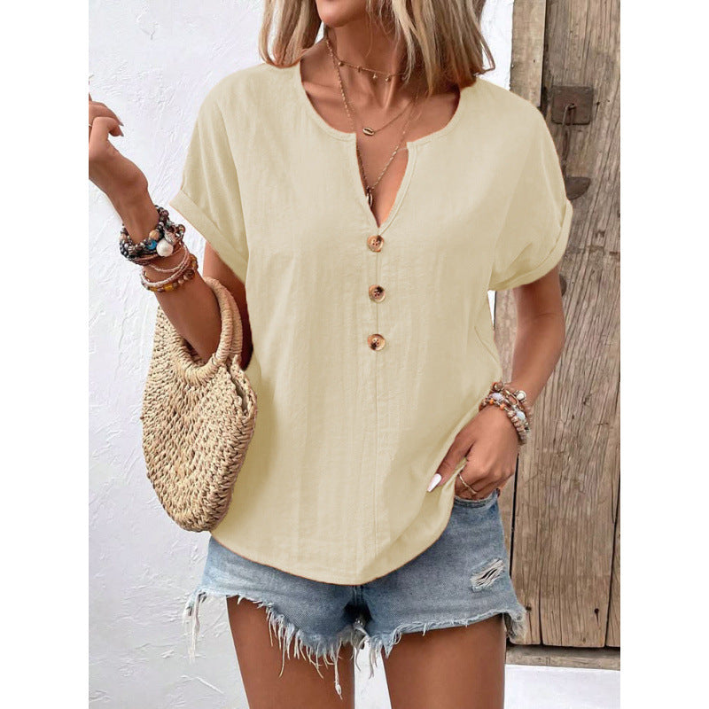 Women's Casual Button-Down Blouse with Round Neck
