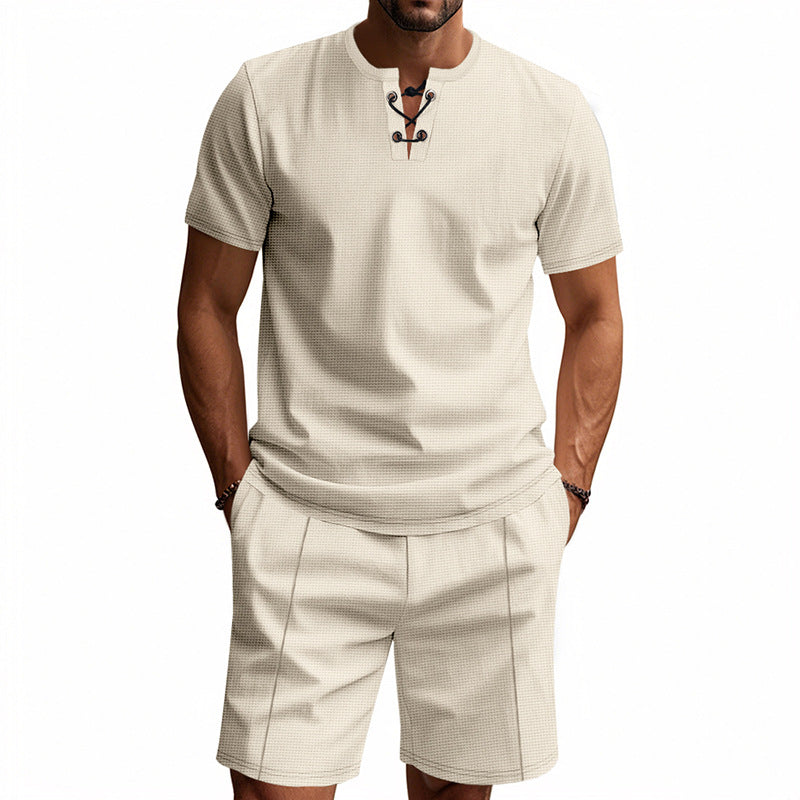 Men's Short-Sleeved Lace-Up Collar Waffle Jersey Set