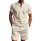 Men's Short-Sleeved Lace-Up Collar Waffle Jersey Set