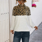 Women's Fleece Sweater with Animal Print and Stand-Up Collar
