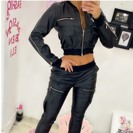 Women's Fashionable Bomber Jacket Set with Practical Pockets and Zipper