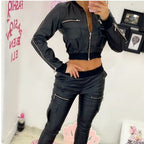 Women's Fashionable Bomber Jacket Set with Practical Pockets and Zipper