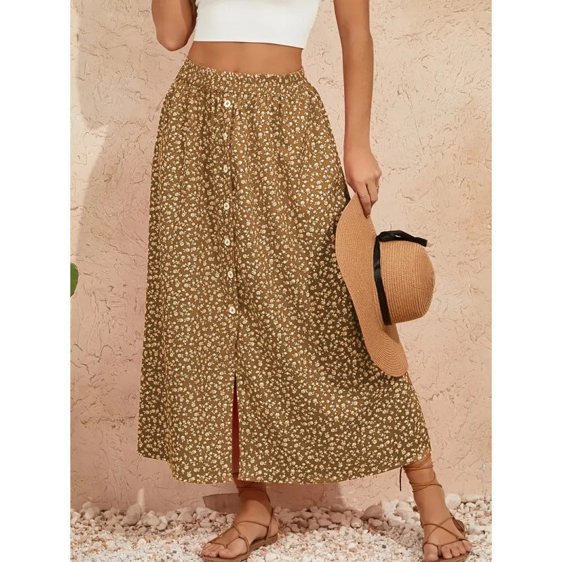 Women's Maxi Skirt with Floral Design and Button Details