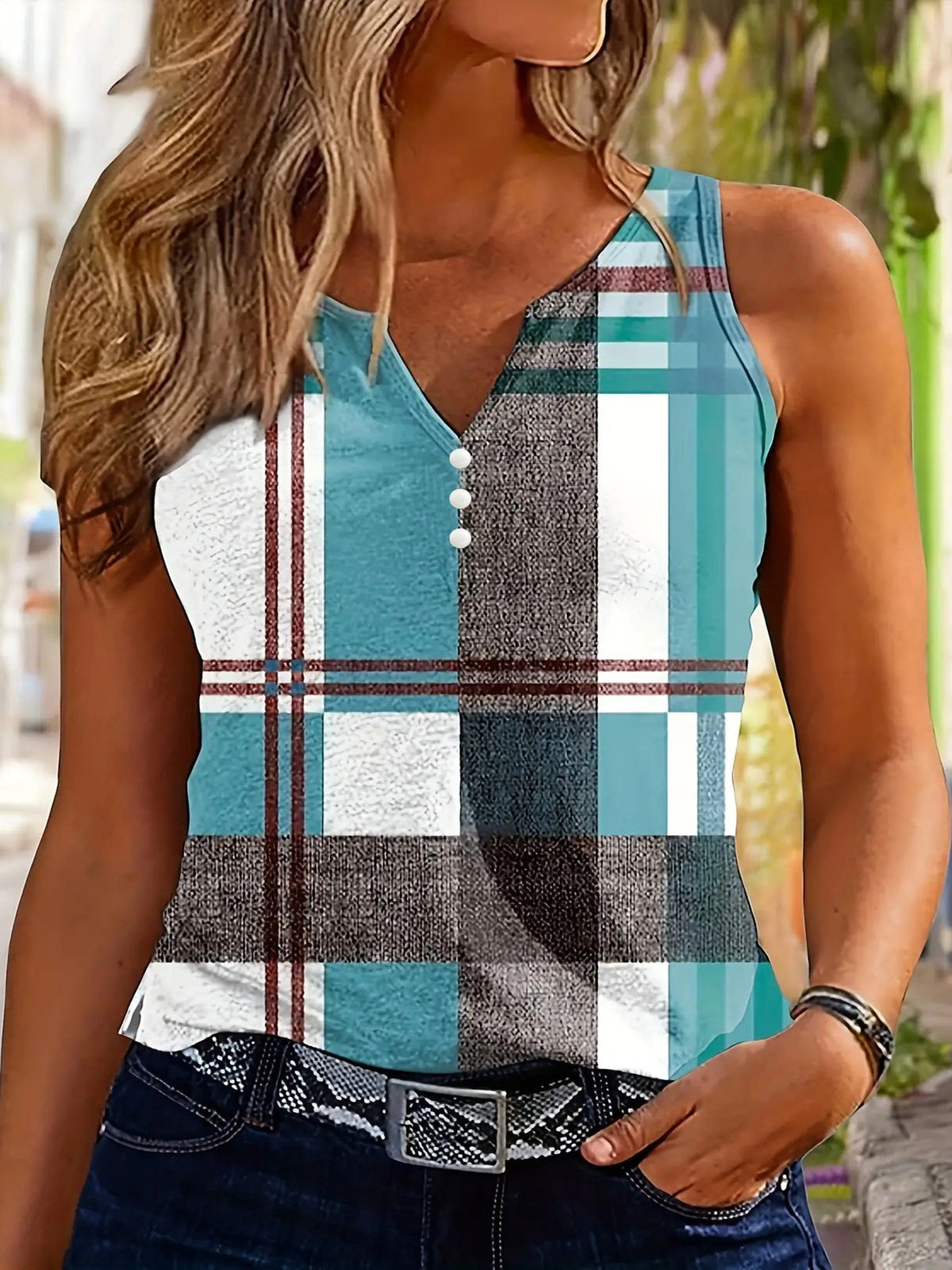 Women's Sleeveless V-Neck Top with Button Detail and Plaid Pattern