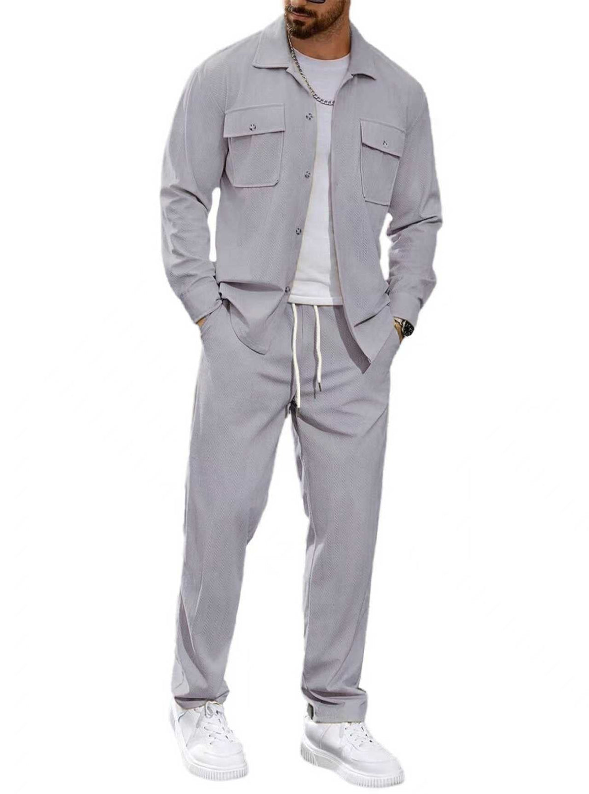 Men's Casual Two-Piece Shirt Jacket and Drawstring Pants Set