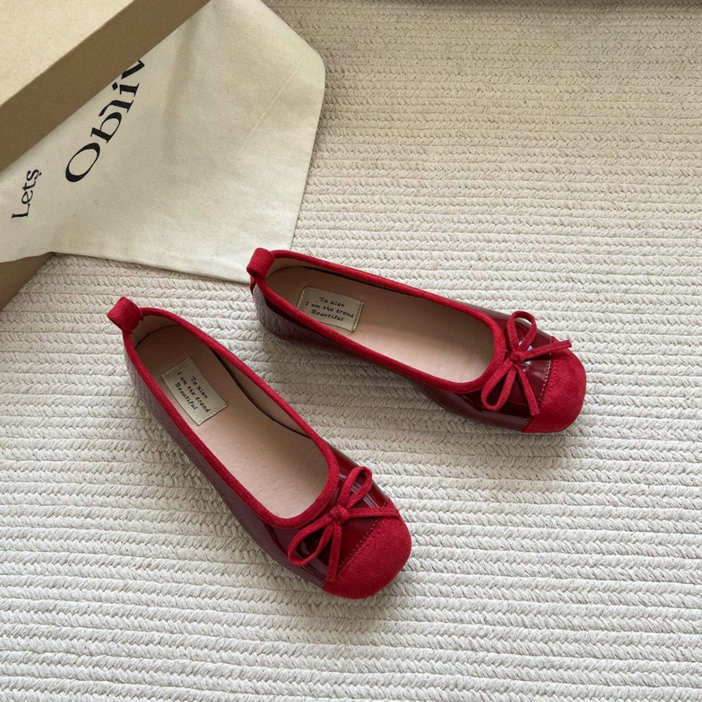 Women's Ballet Flats with Elegant Bow and High-Quality Glossy Finish