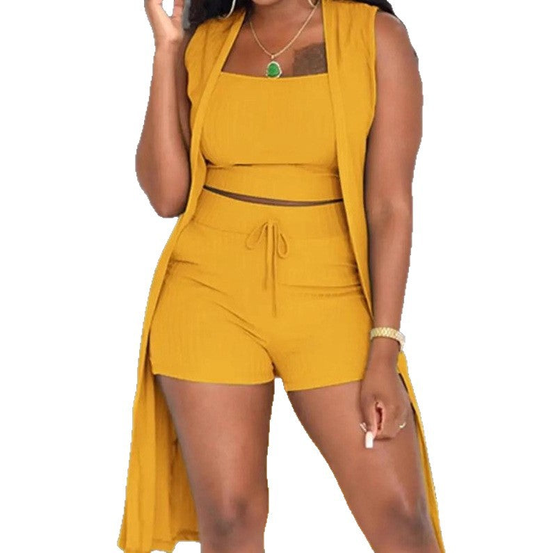 Women's Casual 3-Piece Set: Crop Top, Shorts, and Long Cardigan