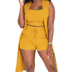 Women's Casual 3-Piece Set: Crop Top, Shorts, and Long Cardigan