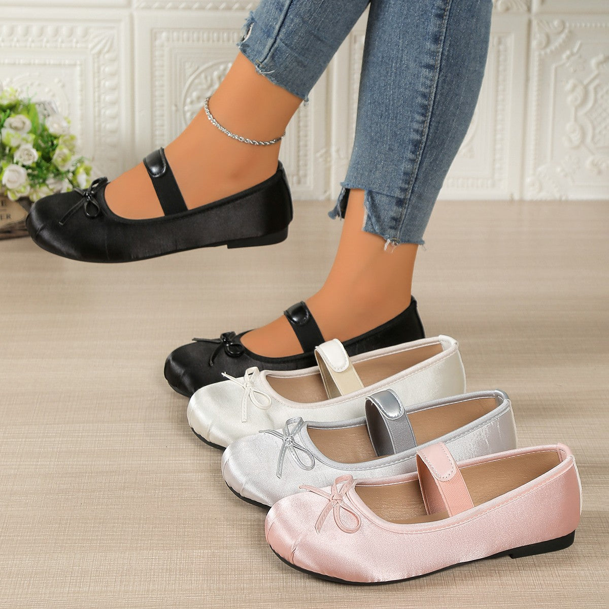 Women's Ballet Flats with Elastic Strap and Decorative Bow Detail