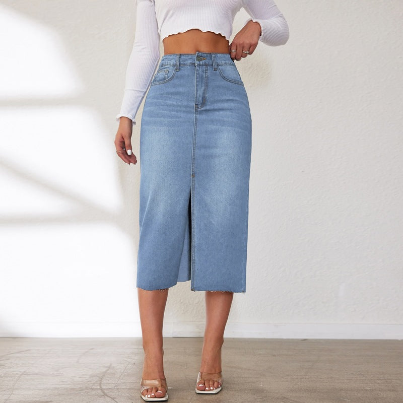 Women's Midi Denim Skirt with Slit and Casual A-Line Cut