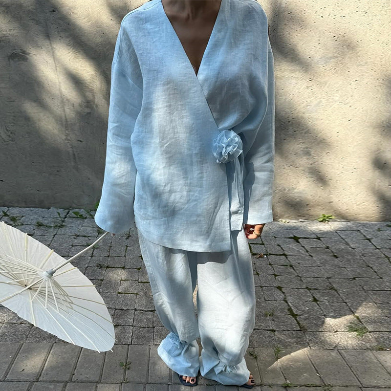 Women's Elegant Linen Suit with Refined Ruffles