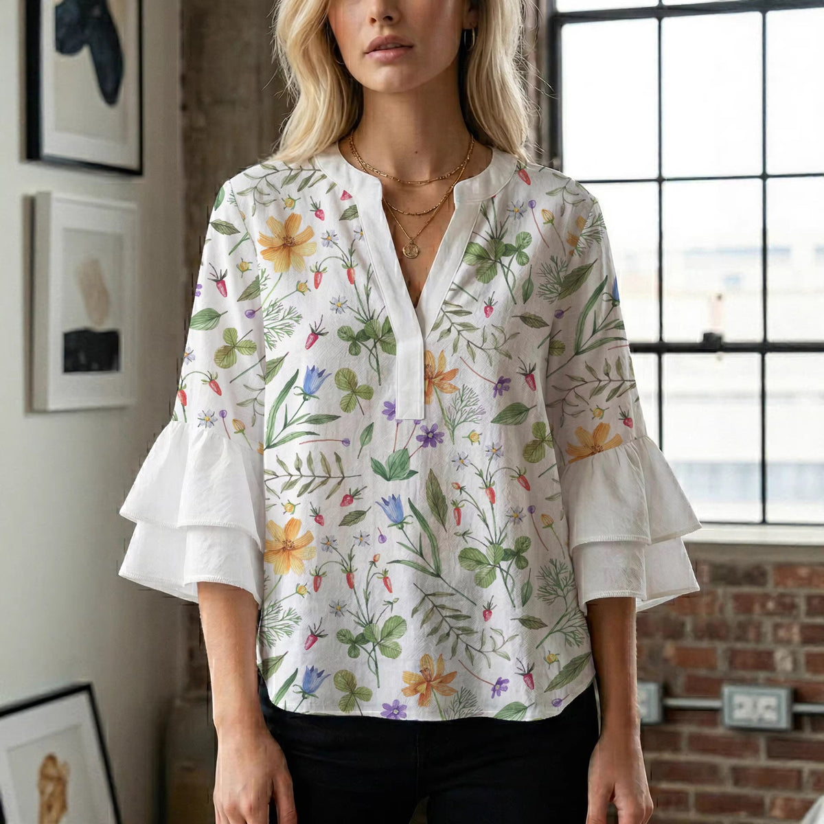 Women's Floral Blouse with Voluminous Sleeves