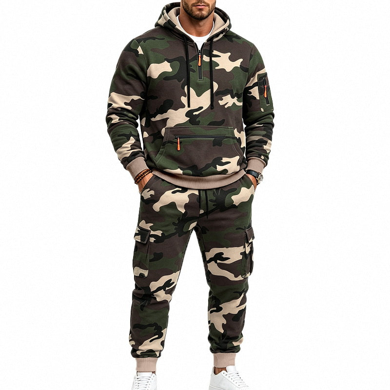 Men's Two-Piece Camouflage Tracksuit Set with Hoodie Sweatshirt and Cargo Joggers