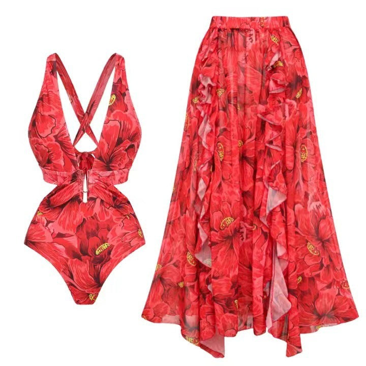 Women's Swimsuit with Floral Accents and Wrap Skirt