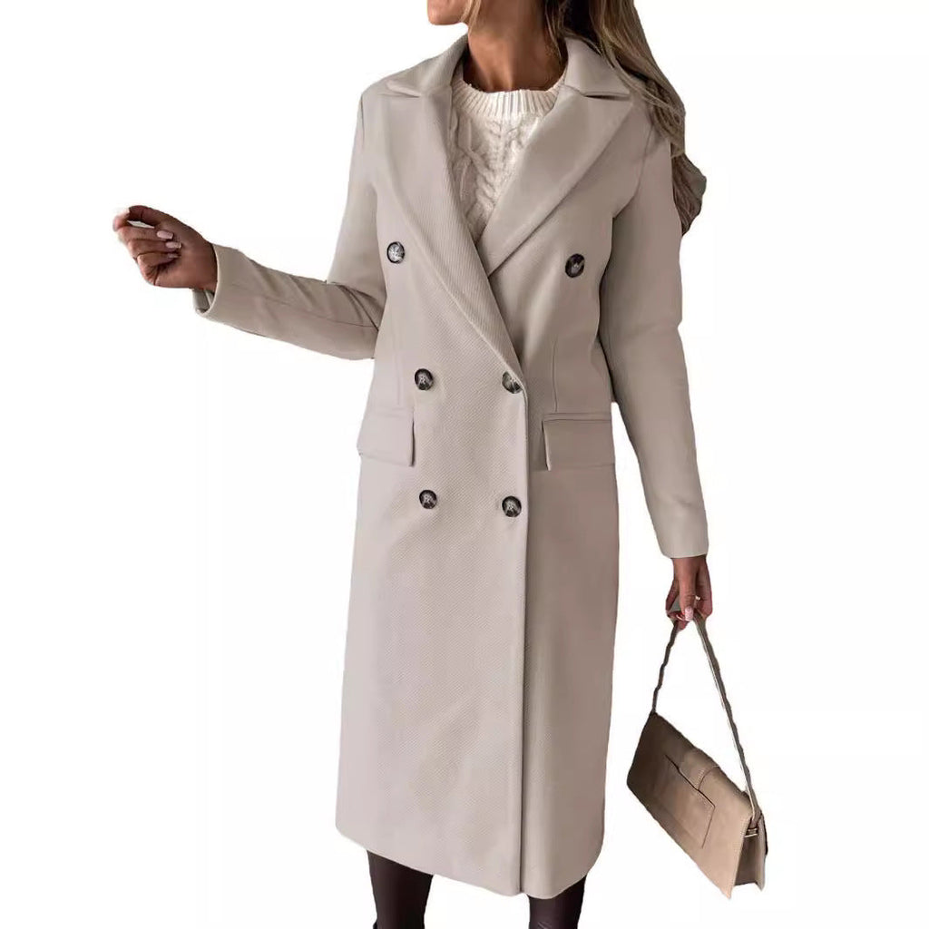 Women's Elegant Double-Breasted Coat with Modern Cut and Pockets