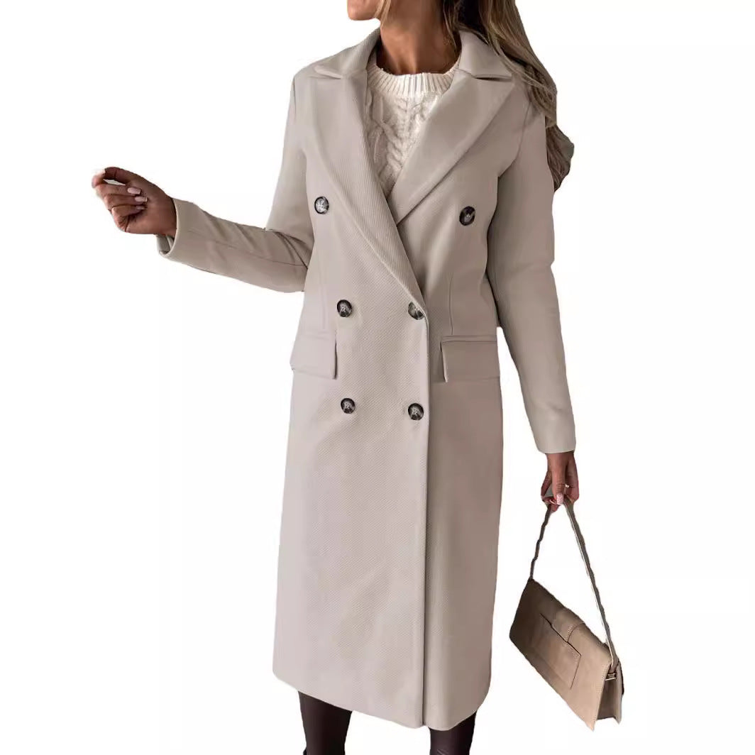 Women's Elegant Double-Breasted Coat with Modern Cut and Pockets