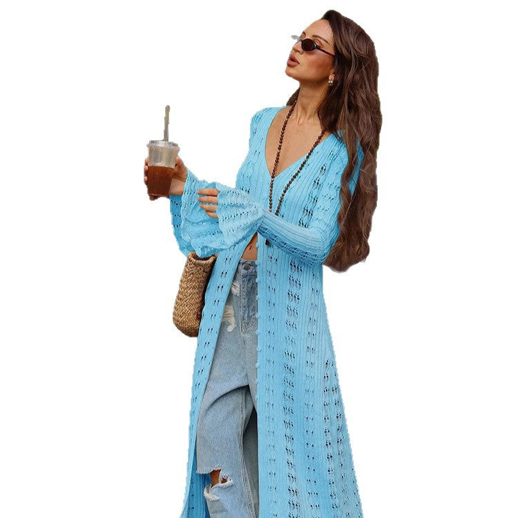 Women's Large Knit Cardigan with Open Mesh Structure and Wide Sleeves