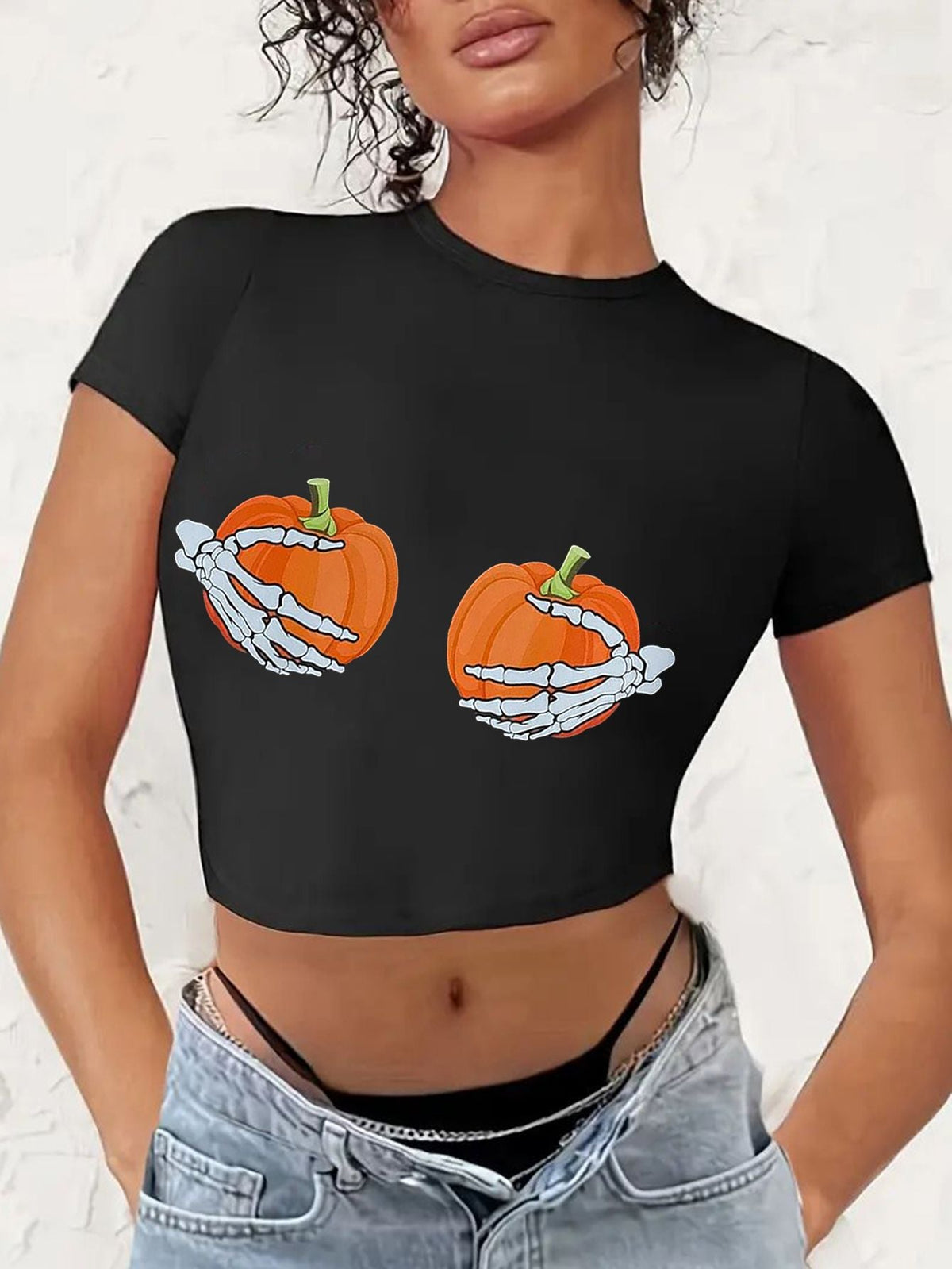 Women's Crop T-Shirt with Creative Lip Print